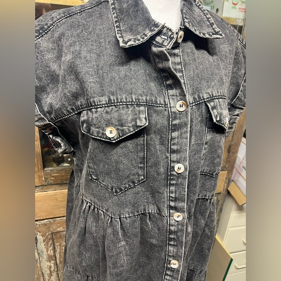 Savanna Jane Black Washed Denim Button Front Tiered Shirt Dress Size M - Picture 3 of 8